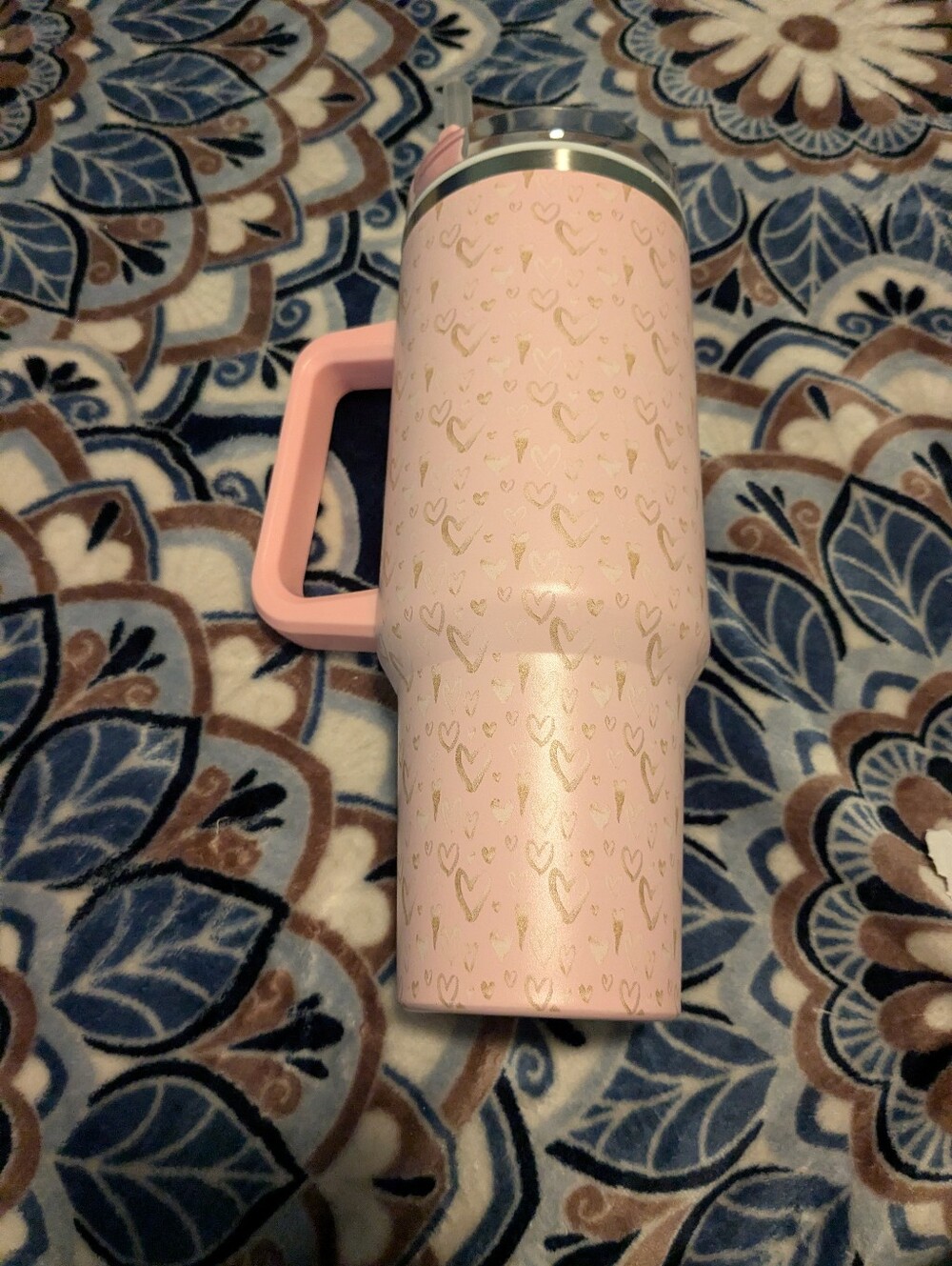 Pink Heart-Print Insulated Travel Tumbler 32 oz. with Handle And Straw